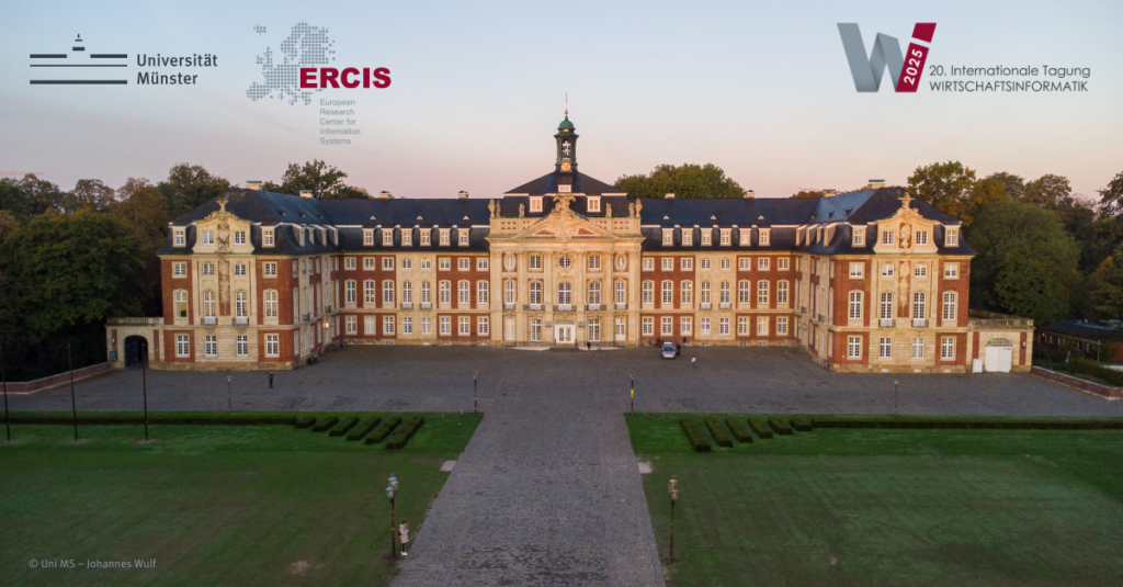 Schloss Münster bei Sonnenaufgang mit Logos der Universität Münster und ERCIS-Wirtschaftsinformatik.