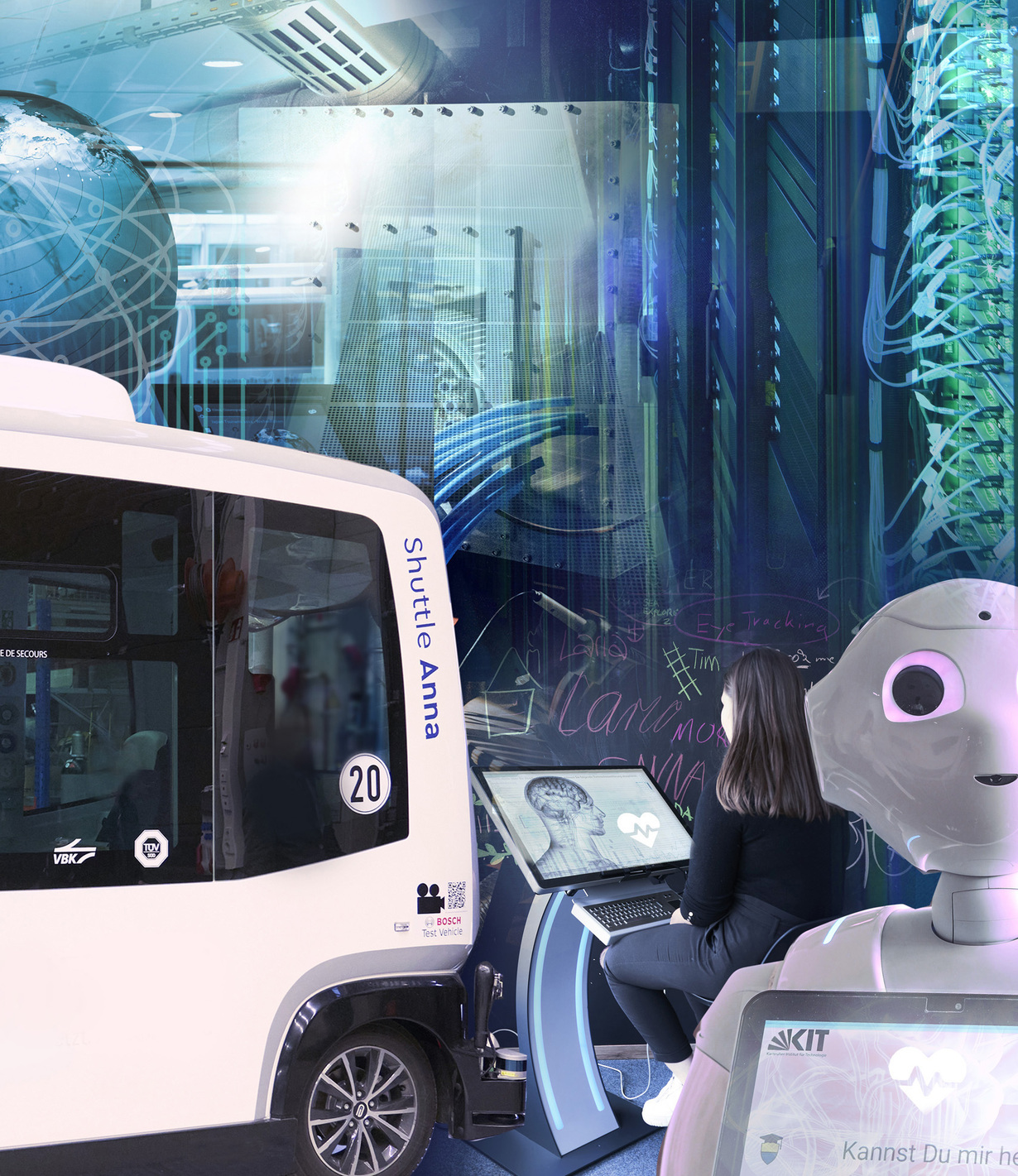 Woman working on a computer, autonomous shuttle vehicle, and humanoid robot in a tech lab.