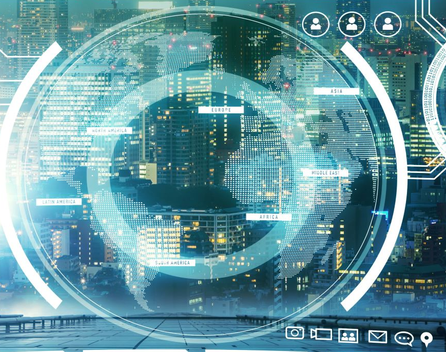 Digitale Stadtwelt mit globusförmigen Grafiken, Icons und Städtenamen, techno-kühl, blau-Ton.